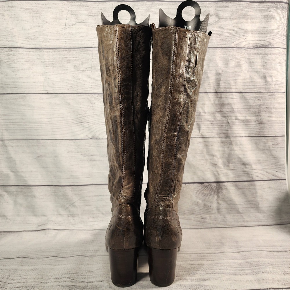 Frye Carson Size 7 Shield Tall Boots Dark Brown Distressed Leather Block Heel - Picture 7 of 9